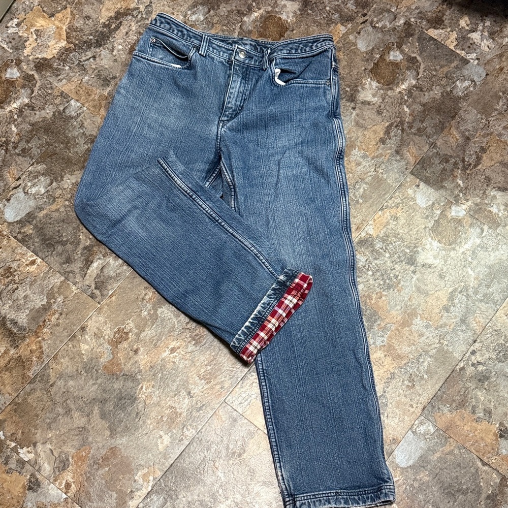 Duluth Trading Co Red Plaid flannel Lined Jeans.  Womens 10x31